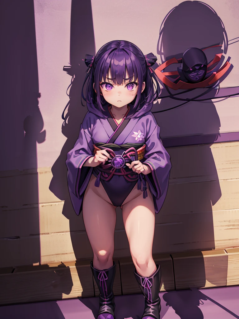 ((sfw)), (cowboy shot), (1girl,ninja,kunoichi,purple hair,hood,purple japanese clothes,kimono,leotard,boots,holding shuriken),(hiding in the shadows:1.5), (indoor,dark japanese castle), (kawaii), ((masterpiece)), ((best quality)), (ultra-detailed),