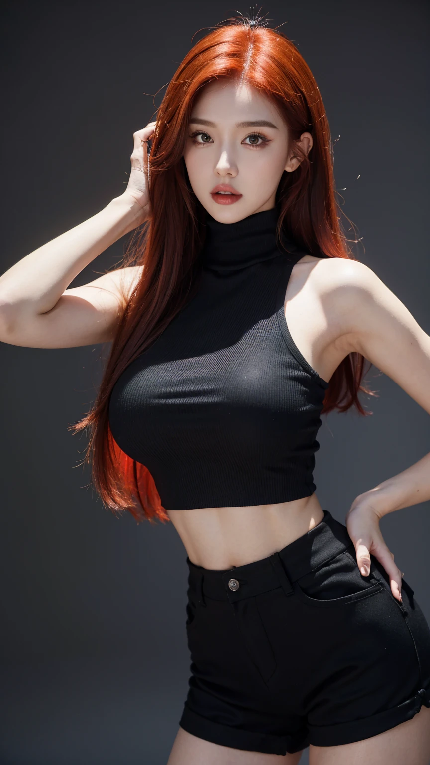1 babe, red hair, long hair, black crop top, sleeveless, turtleneck, , black shorts, parted lips, large breasts