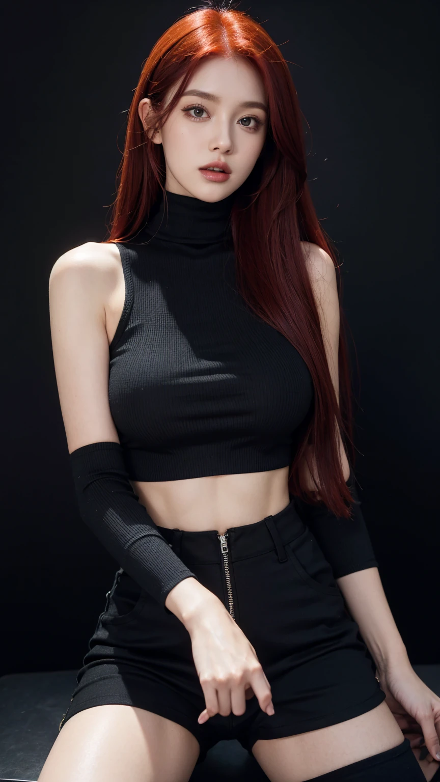 1 babe, red hair, long hair, black crop top, sleeveless, turtleneck, , black shorts, parted lips, large breasts