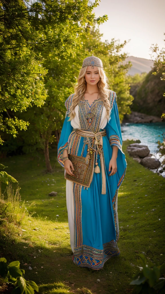 Most beautiful german blonde lady, wearing kabyle robe, kabyledress, amazigh, berber, kabyleoitfits, bijoux, nature background, realistic,4k, professional, ouadhias, robekabyle
