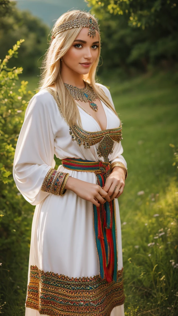 Most beautiful german blonde lady, wearing kabyle robe, kabyledress, amazigh, berber, kabyleoitfits, bijoux, nature background, realistic,4k, professional, ouadhias, robekabyle