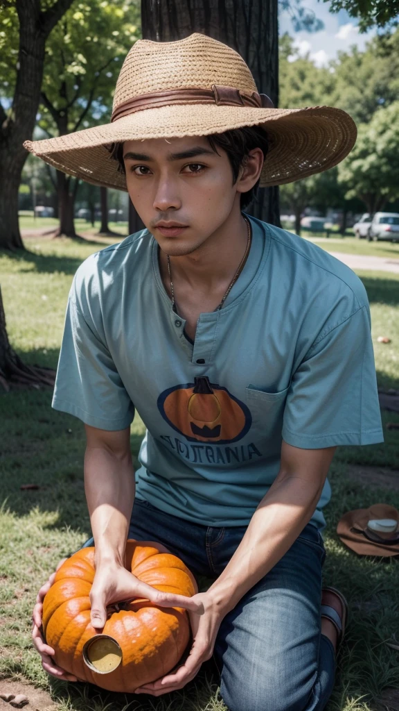 light mulatto man short dark brown hair with a sky blue fisherman's hat wearing a pumpkin shirt with @detectorismoradical written on his chest, under a tree with a treasure chest buried in its roots with old coins lying on the ground and a metal detector leaning against the tree, realistic photo 4k cyberpank style 8k estilo realista
