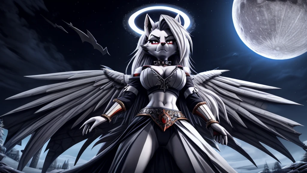 Loona from Helluva Boss, white female wolf, white hair, grey hair, queen outfit, grey wings, moon halo, she is a angel, bloody, standing, cold stare, detailed, solo, beautiful, high quality, 4K