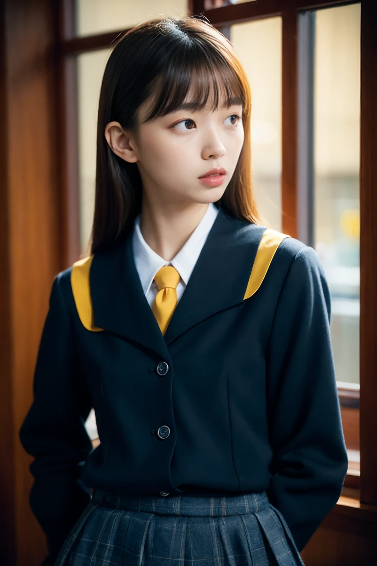8k, Highest quality, 1people々 girl, (Skin dents), night, (dark), Clear background indoors, (people々々), Beautiful Bangs, Nice,, (Clothing and uniforms:1.3),Soft lighting, charm, dark Room, (Mouth closed:1.2, Beautiful Eyes, fine grain, Detailed Iris, Beautiful Lips, Beautiful Nose, Beautiful Face),(primary color:1.5)、Skirt Lift,
