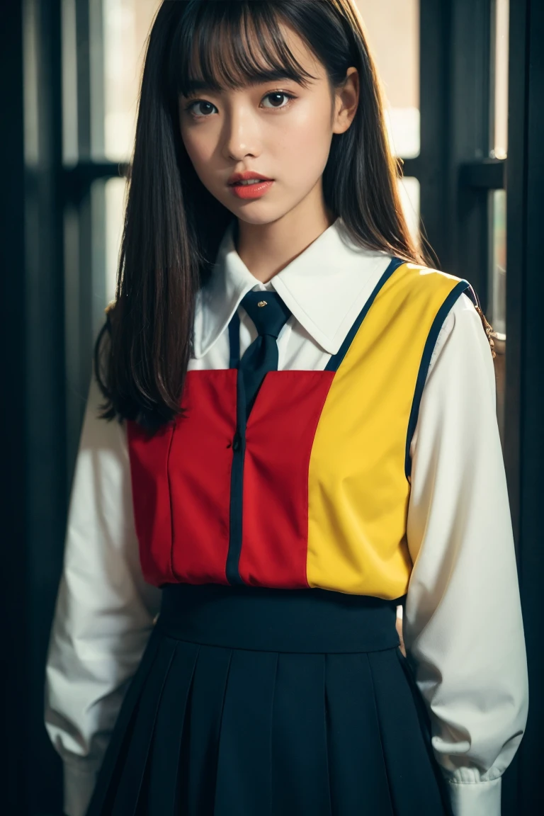 8k, Highest quality, 1people々 girl, (Skin dents), night, (dark), Clear background indoors, (people々々), Beautiful Bangs, Nice,, (Clothing and uniforms:1.3),Soft lighting, charm, dark Room, (Mouth closed:1.2, Beautiful Eyes, fine grain, Detailed Iris, Beautiful Lips, Beautiful Nose, Beautiful Face),(primary color:1.5)、Skirt Lift,