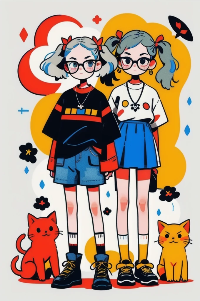 best quality, two girls, one with gray-green hair, two pigtails down, very long hair.  a long lock from her head, black glasses, dark blue eyes, dark skin, a half moon in her hair, a white long-sleeved shirt, a necklace with a dark red bow, a dark blue skirt with yellow lines, colored knee socks black, black boots. The other girl with Dark red hair, black eyes, two tails with little hair, short hair in the middle of the neck, black necklace on the neck, black t-shirt with a skull, underneath a long-sleeved black t-shirt with flowers on it. the edges, dark blue half-short jean skirt, black knee-high socks, grey shoes.