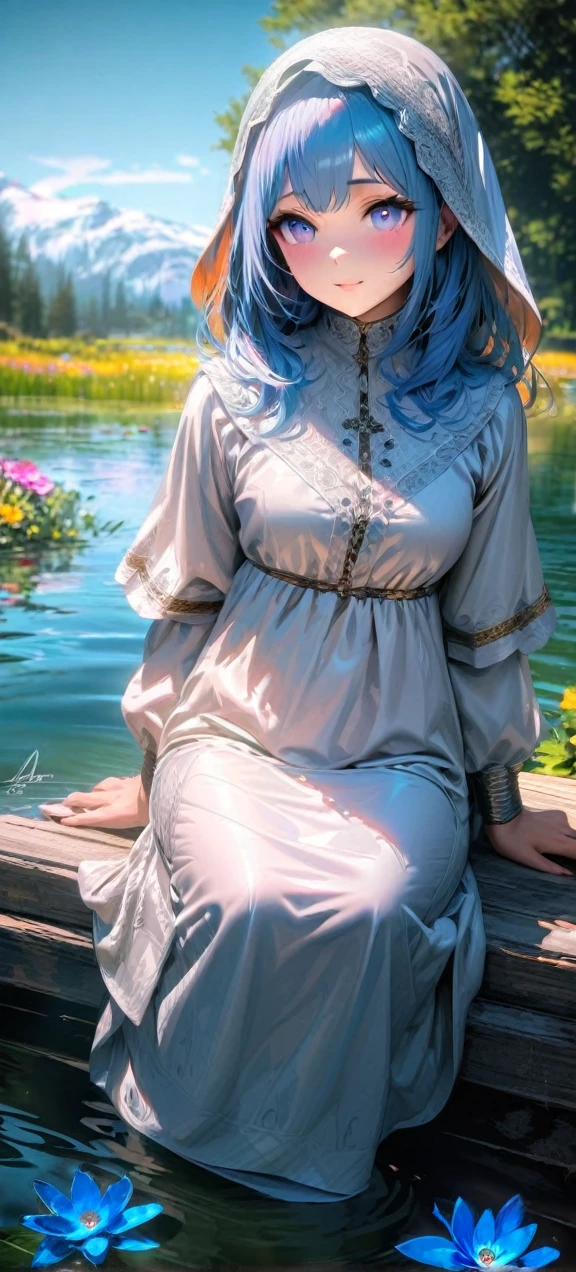 High quality, ultra realistic,absurdres, highres, ultra detailed, HDR, masterpiece, extremely detailed , beautiful colorful flowers , light blue lake , glowing , beautiful muslimah outfit chibby girl on lake ,