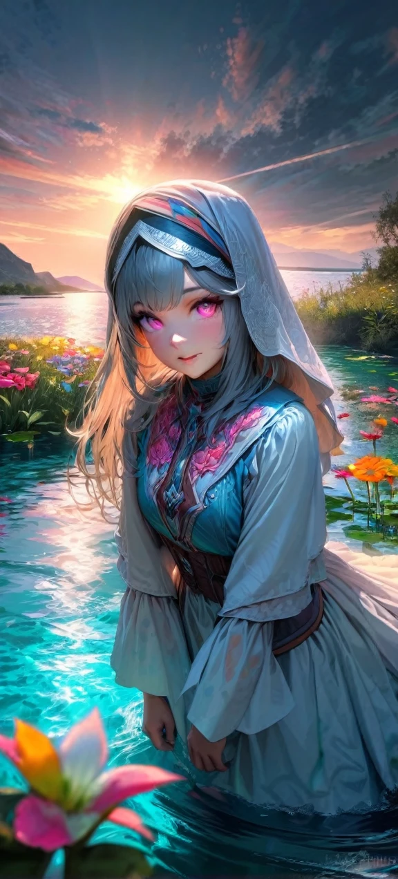 High quality, ultra realistic,absurdres, highres, ultra detailed, HDR, masterpiece, extremely detailed , beautiful colorful flowers , light blue lake , glowing , beautiful muslimah outfit chibby girl on lake ,