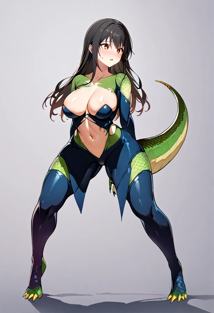 ((masterpiece)), highest quality, Super detailed,(One girl),Yui Kotegawa morphing into lizard, Long Hair,Beautiful background , chest, Curved body, Look to the side, Worried face, Full Body Shot、