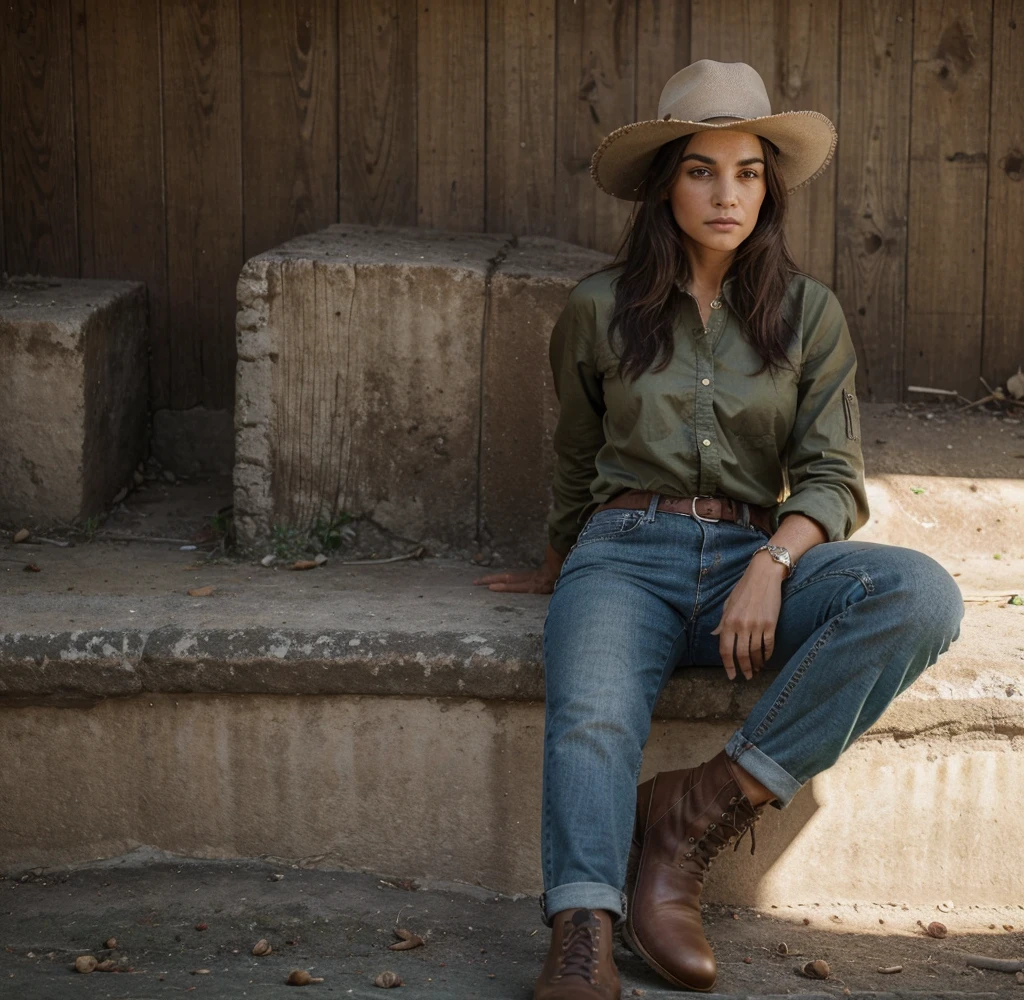 Imagine um fora da lei, Velho oeste, western themed hat, rosto levemente enrugado, barba mal feita, cicatriz pequena em baixo do olho, olhos verde escuros, Expression seriousness, Defined jaw, jaqueta de couro marron camisa social branco sujo, jeans brown leather ankle boots, qualidade 4k, ultra realista, ultra qualidade, faroeste