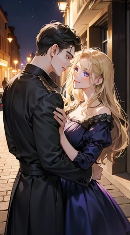 Couple, 1 girl 1 boy, different hair color, long black hair and purple eyes, short blonde hair and green eyes, romance, light suite, dark blue dress, outdoor, glowing light, in the night, face to face, romantic, warm smile
