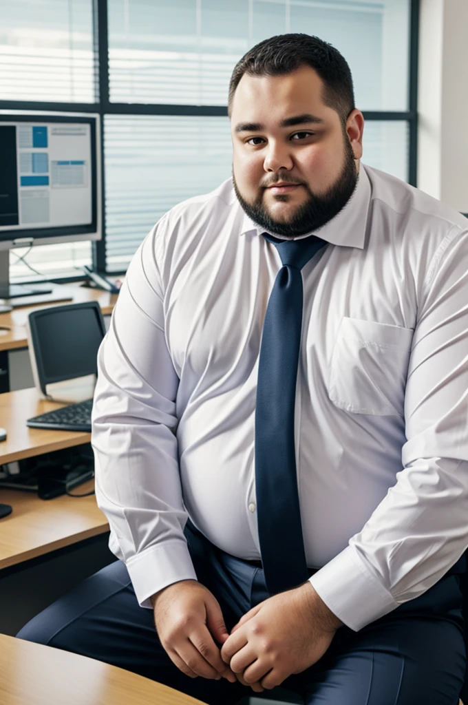 Fat man in shirt and tie sitting in an office