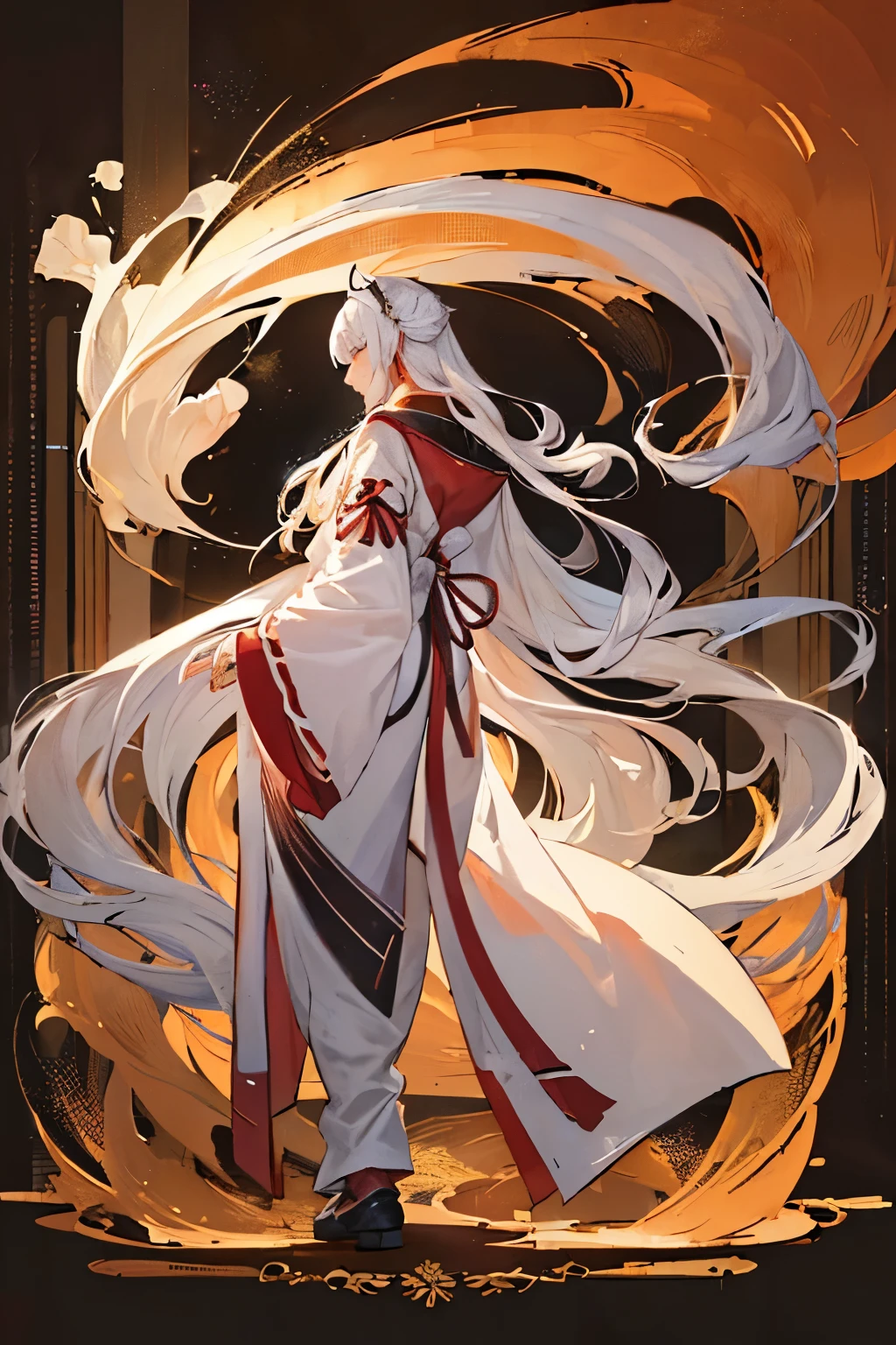 ((masterpiece)),(((best quality))),(character design sheet, same character, front, side, back), illustration, 1male, long white hair, graceful pose, fullbody, traditional chinese clothing, long, flowy, light colored hanfu, intricate design, details, front facing, reference sheet, character design