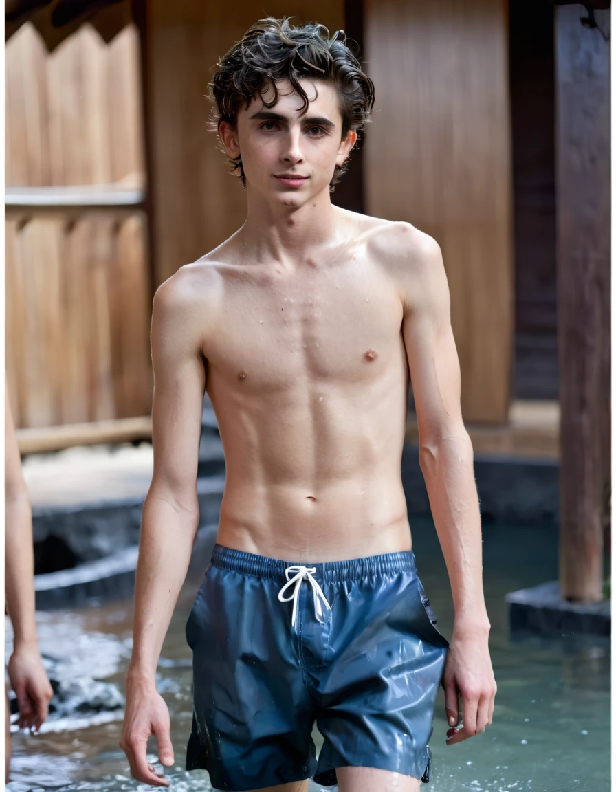Timothée Chalamet, sweaty boy, in water, in japanese onsen, no clothing, far from camera, whole body, braces, age 19, wavy tiktok hair, boxer, bare feet, wearing no t-shirt topless, japanese onsen temple, short fine armpit hair, flexing, veiny arms, cute, tall, lean, not muscular, wispy pubes, muscular teen masterpiece, high resolution, feet visible, no shoes, very dirty feet, skinny, tall, foot fetish, tall boy, teen boyaces, best quality, sticky armpit hair, sticky, glue on floor, wet floor, sticky clothes, drops on underwear, drops on shorts, sticky on shorts, drops on floor, sweaty face, sweaty hair, Dune by Herbert, Science fiction