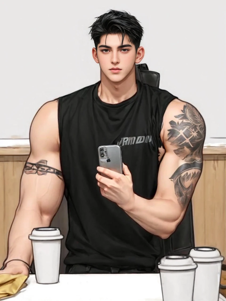masterpiece, 1boy, adults, handsome, black hair, undercut hair, perfect face, detailed eyes and face, black eyes, clean shaved, muscular, capturing a rural atmosphere, dynamic lighting, unreal engine 5, hold the cellphone, 