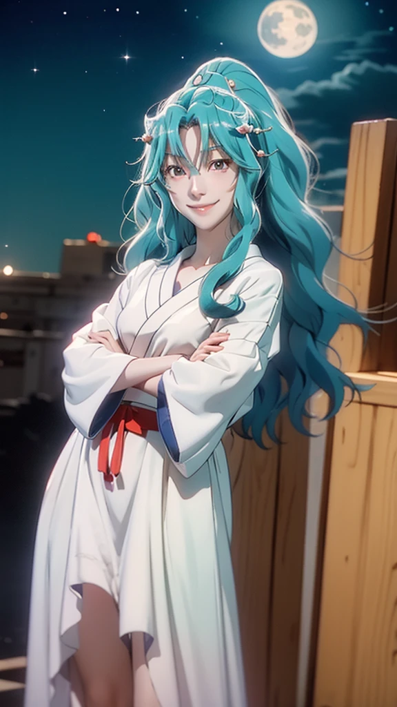 Tomoe, 1 girl, red eyes, long aqua hair, Sailor Suit, standing on the moon, earth in background, space, Star, Confident smile.