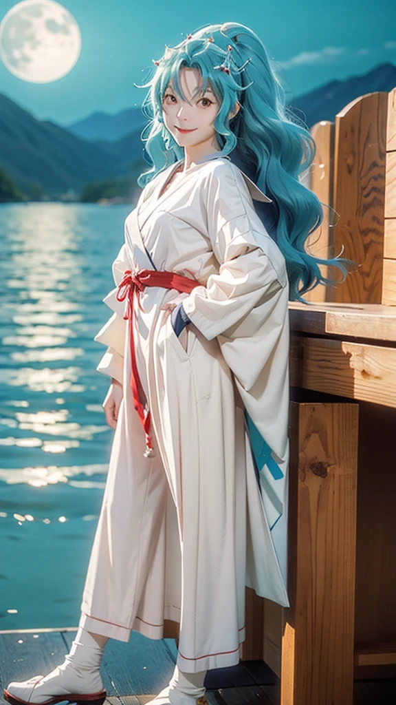 Tomoe, 1 girl, red eyes, long aqua hair, Sailor Suit, standing on the moon, earth in background, space, Star, Confident smile.