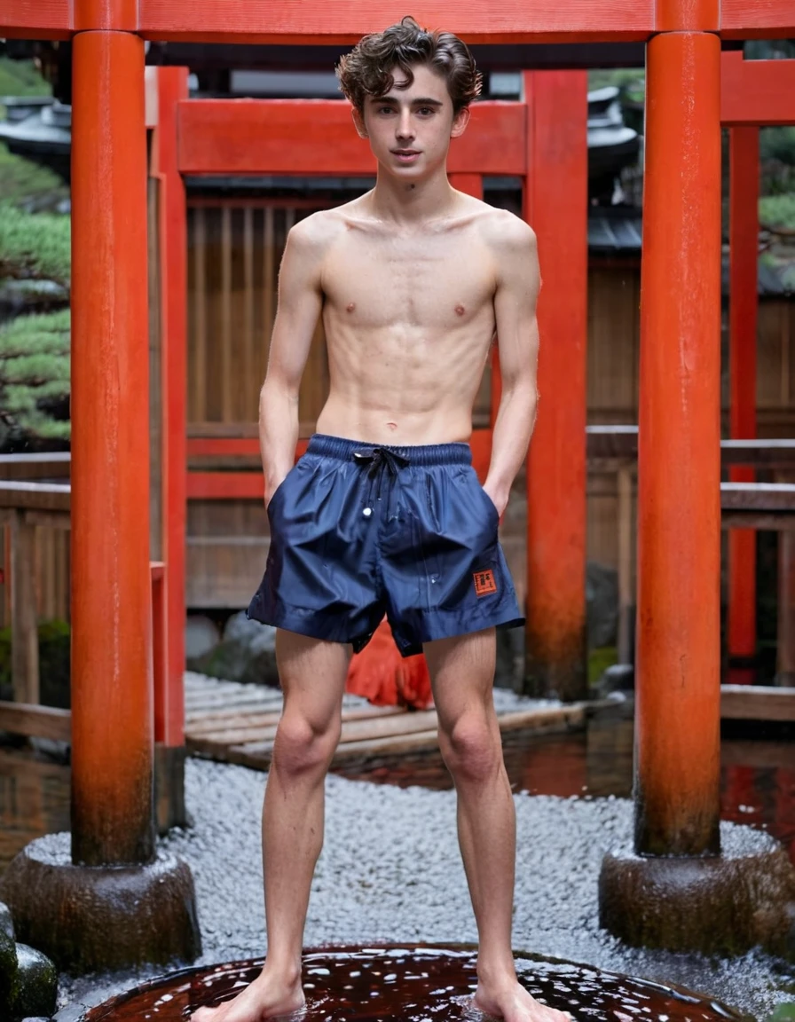 Timothée Chalamet, sweaty  boy, in water, in red Torii door japanese temple winter onsen, in japanese temple mountains, no clothing, far from camera, braces, age 19, wavy tiktok hair, boxer, bare feet, japanese onsen temple, short fine armpit hair, flexing, veiny arms, cute, tall, lean, not muscular, wispy pubes, muscular teen boy masterpiece, high resolution, feet visible, no shoes, very dirty feet, tall, foot fetish, tall boy, teen, braces, best quality, sticky armpit hair, sticky, glue on floor, wet floor, sticky clothes, drops on underwear, drops on shorts, sticky on shorts, drops on floor, sweaty face, sweaty hair, Dune by Herbert, Science fiction