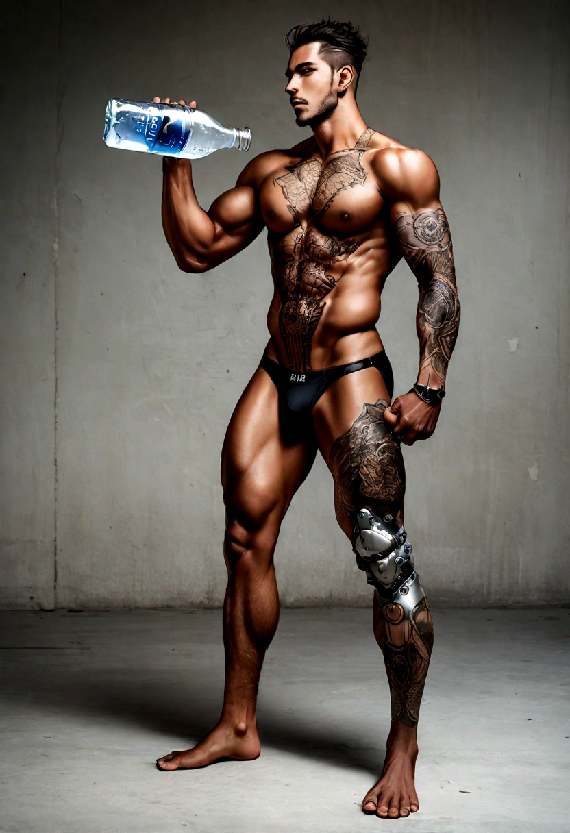 Arafian man holding a bottle of water and a bottle of ice, men's magazine model, male model, dark masculine man, man fashion photo, full body, fitness model, head and shoulders photography, underwear ads, tattoo on body and legs, cyborg parts, product advertisement for men's underwear, super strong and cool,((whole body:1.0))