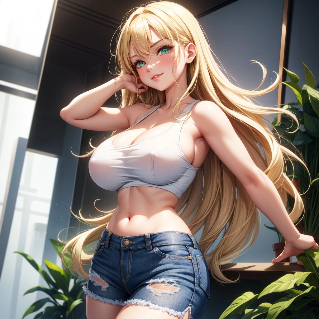 One girl, solo, Big round breasts, clevage, curvy body, realistic, blonde hair, light green eyes, amazing big eyes, eye details, eyebrow details, white crop top, denim skirt, big lips, blush, confident, dominant, bdsm, smirk, naughty, mischevious face, HD, good quality, crop top, curvy, standing up, lounge area