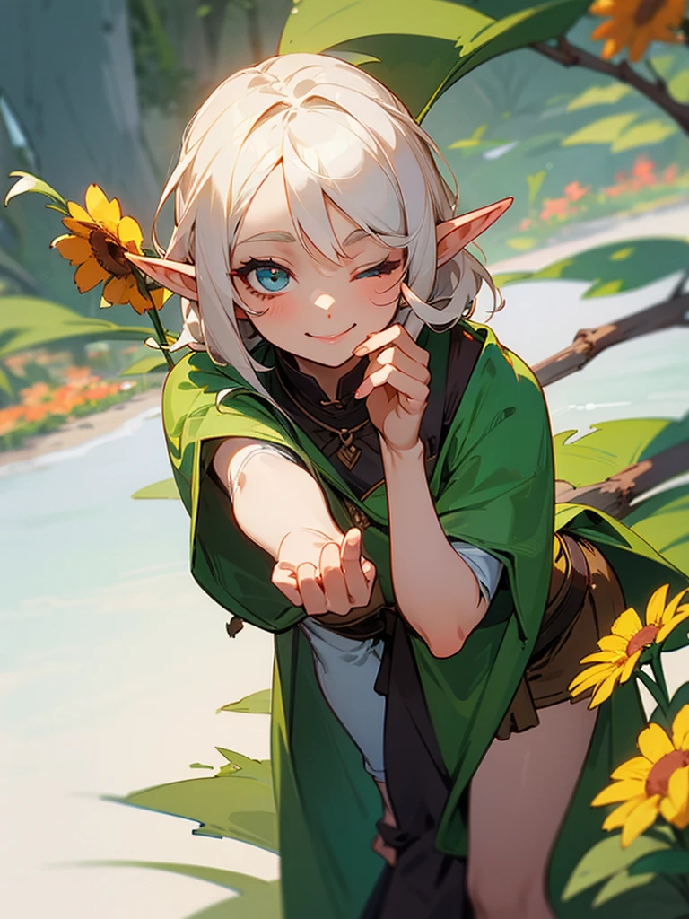 A sweet elf girl, holding a flower in her hand, smiles with her one eye closed, slightly bent over, towards the camera