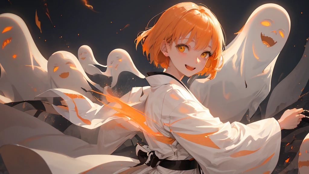 A cool adult woman wearing a white kimono、1 person、Hundreds of ghosts appear at night、Horror、Orange brown short hair、Yellow Eyes、Gloss、Gloss、Fight、A cheerful smile、Shibuya Background、Glare、won&#39;Do not touch、Bold Pose