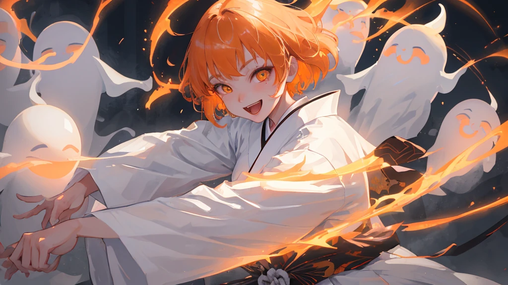 A cool adult woman wearing a white kimono、1 person、Hundreds of ghosts appear at night、Horror、Orange brown short hair、Yellow Eyes、Gloss、Gloss、Fight、A cheerful smile、Shibuya Background、Glare、won'Do not touch、Bold Pose