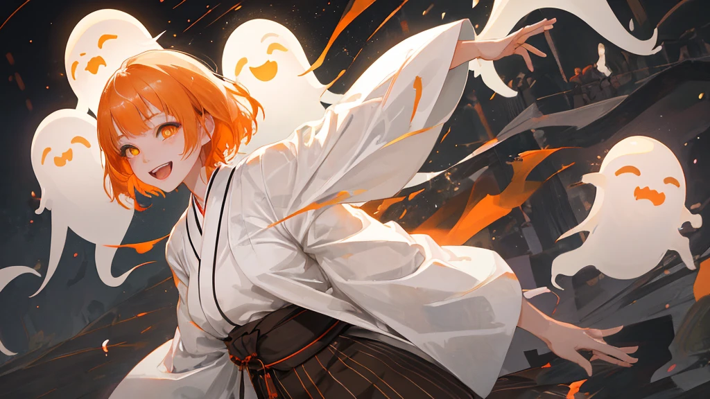 A cool adult woman wearing a white kimono、1 person、Hundreds of ghosts appear at night、Horror、Orange brown short hair、Yellow Eyes、Gloss、Gloss、Fight、A cheerful smile、Shibuya Background、Glare、won'Do not touch、Bold Pose