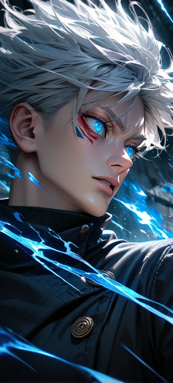  High quality, ultra realistic,absurdres, highres, ultra detailed, HDR, masterpiece, extremely detailed face and eyes,  Gojo satoru , jujutsu kaisen,, white hair ,black shirt , solo, ,man, handsome, ,white eyeleshes, blue eyes , Epic fight scene, blue splashing effect,blue lightning  effect,glowing glitters , close up,cool eyes, symetrical , blue flames effect