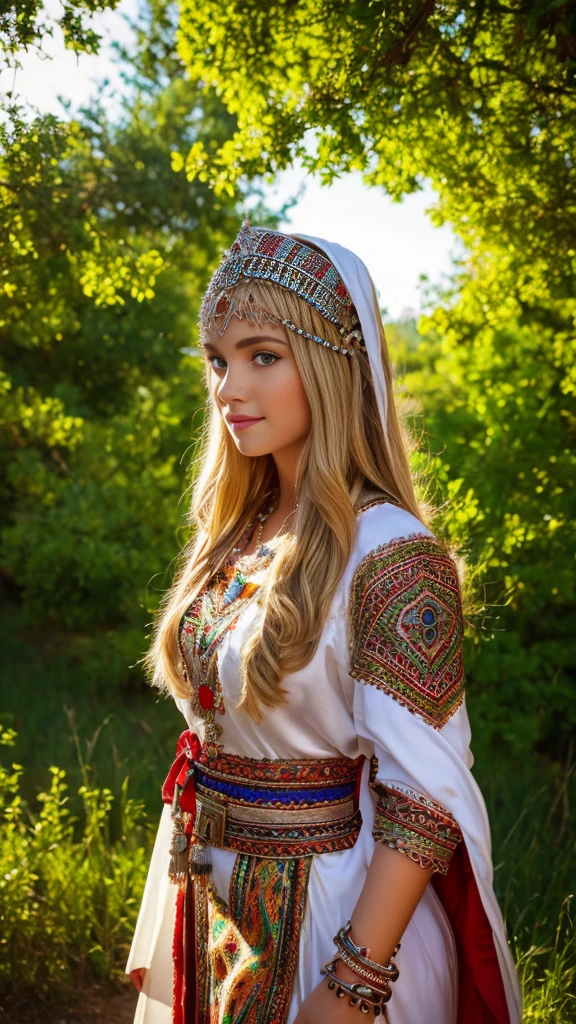 Beautiful cute German blonde, perfect face, robe kabyle, bijoux, Berber style, kabyledress, robe, amazigh, nature blured background 
