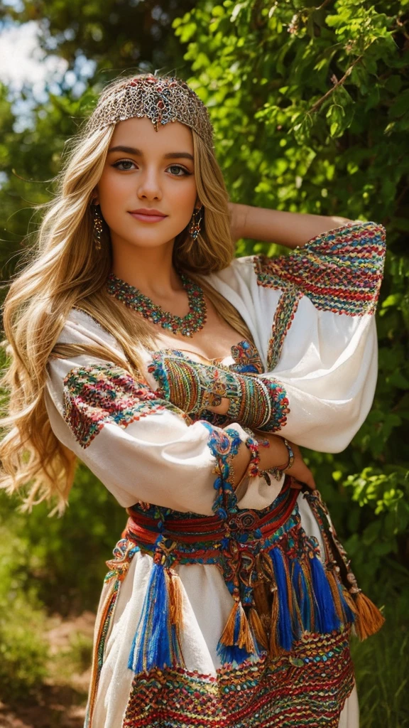 Beautiful cute German blonde, perfect face, robe kabyle, bijoux, Berber style, kabyledress, robe, amazigh, nature blured background 