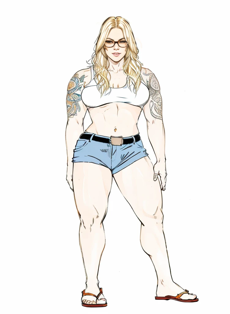 a drawing of a muscular blonde woman with tattoos and a white top, orange glasses, full body portrait of a short!, female full body, full body illustration, detailed full body portrait, full body picture, detailed full body, fullbody portrait, full body female, highly detailed full body, full body details, full body concept, d & d style full body portrait, detailed full body concept