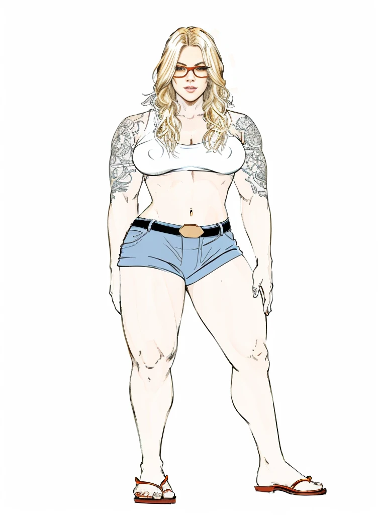 a drawing of a muscular blonde woman with tattoos and a white top, orange glasses, full body portrait of a short!, female full body, full body illustration, detailed full body portrait, full body picture, detailed full body, fullbody portrait, full body female, highly detailed full body, full body details, full body concept, d & d style full body portrait, detailed full body concept