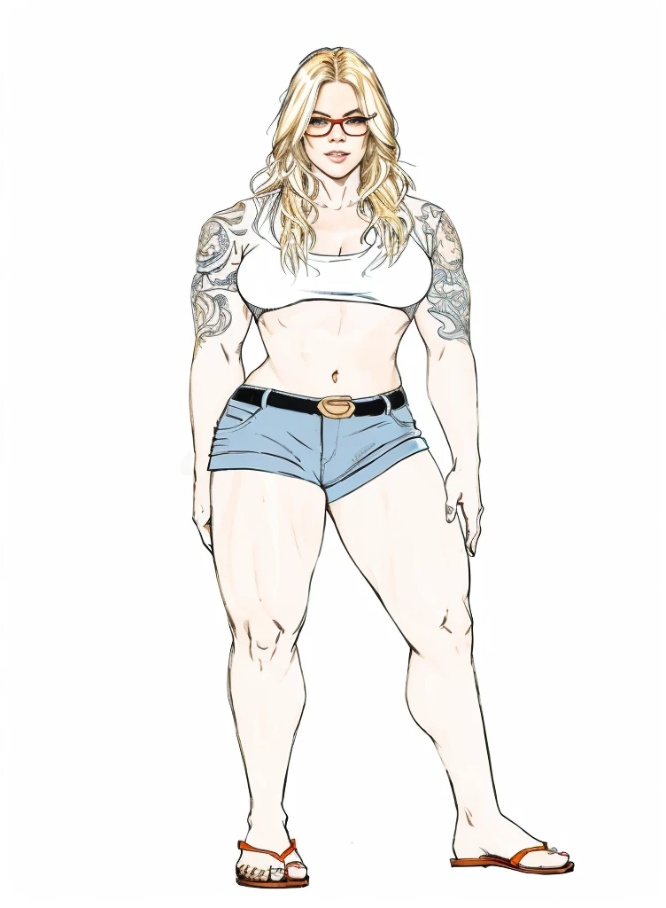 a drawing of a muscular blonde woman with tattoos and a white top, orange glasses, full body portrait of a short!, female full body, full body illustration, detailed full body portrait, full body picture, detailed full body, fullbody portrait, full body female, highly detailed full body, full body details, full body concept, d & d style full body portrait, detailed full body concept
