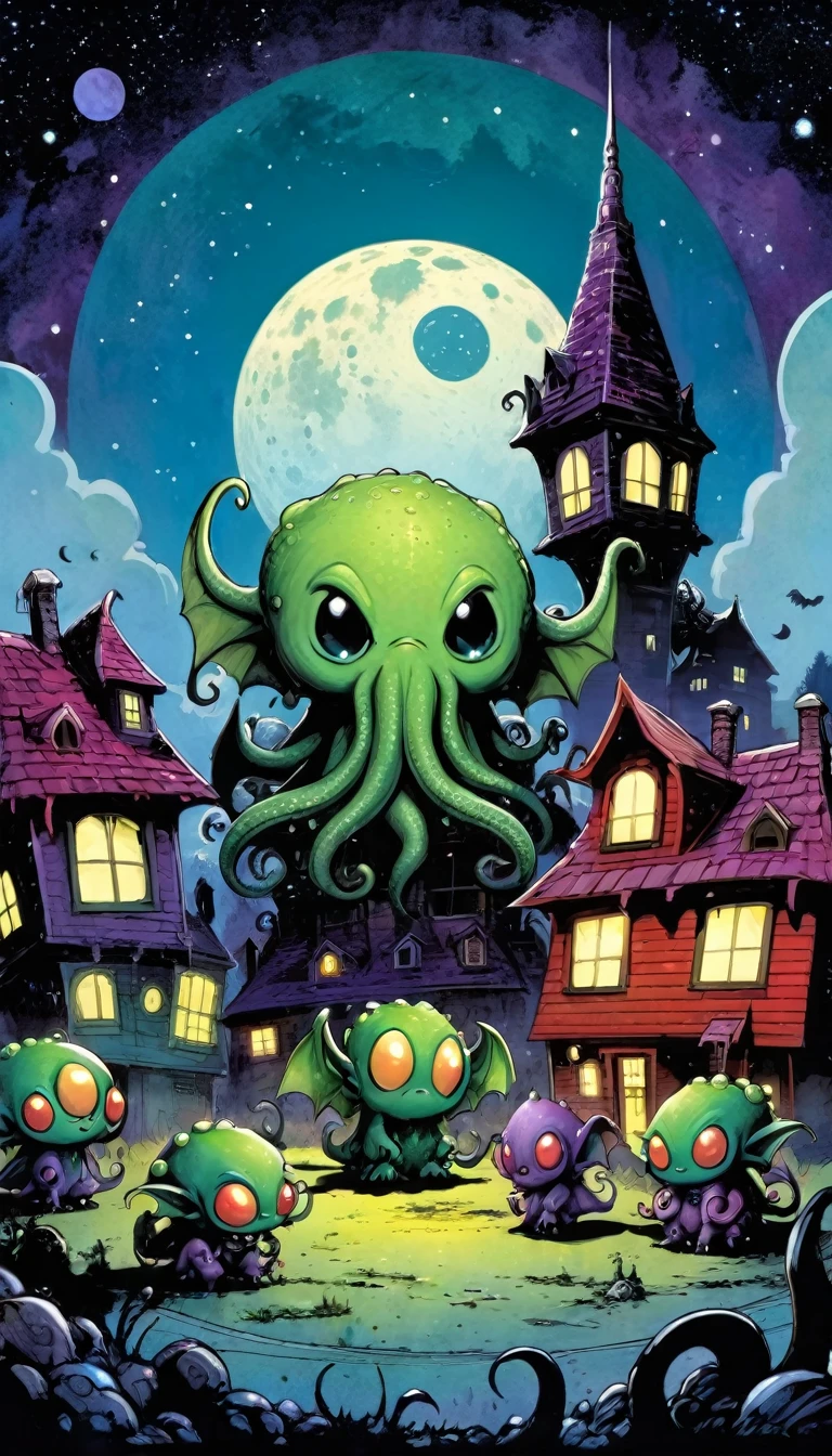 the gigantic and mythical cosmic horror Cthulhu plays with a group of funny little demons, funny little demon town, impressive landscape, funny little demons, magical, fantastic, night sky, moon, stars, cute, adorable, background (demon houses (art inspired by Skottie Young and Bill Sienkiewicz).