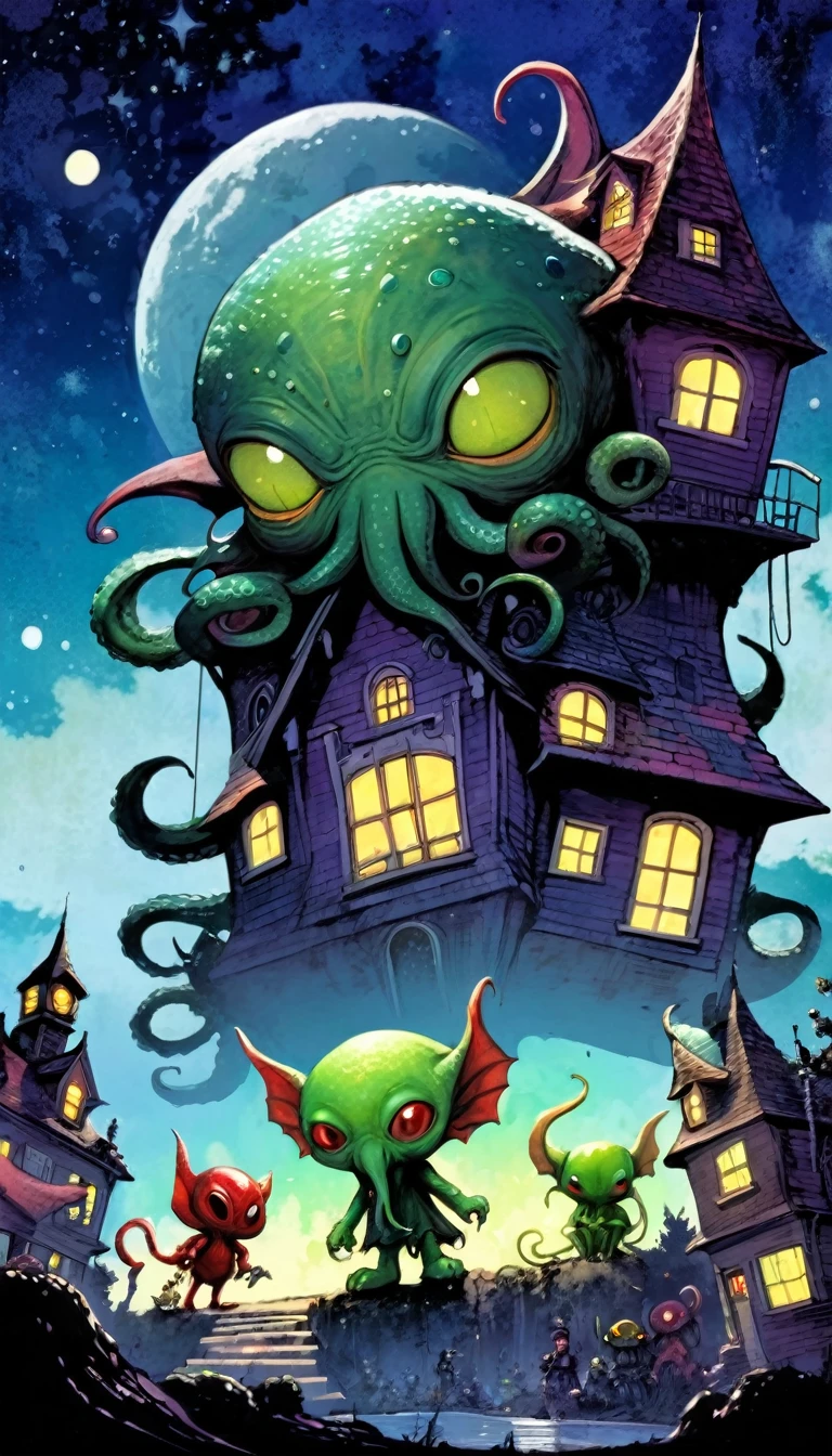 the gigantic and mythical cosmic horror Cthulhu plays with a group of funny little demons, funny little demon town, impressive landscape, funny little demons, magical, fantastic, night sky, moon, stars, cute, adorable, background (demon houses (art inspired by Skottie Young and Bill Sienkiewicz).