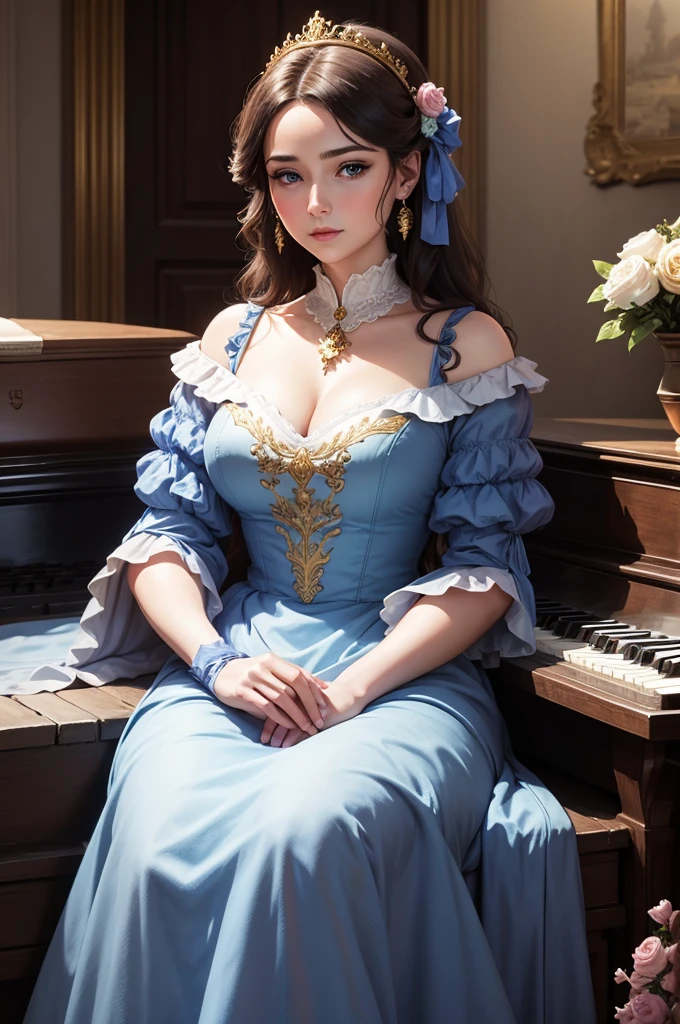 A beutiful realistic scene of a haughty lady in a blue old fashioned dress; lady perfect eyes, lady perfect face, lady perfect hands; the background is large and vintage, a ancient house with a golden piano and a lot of flowers; masterpiece; ultra hd, 4k