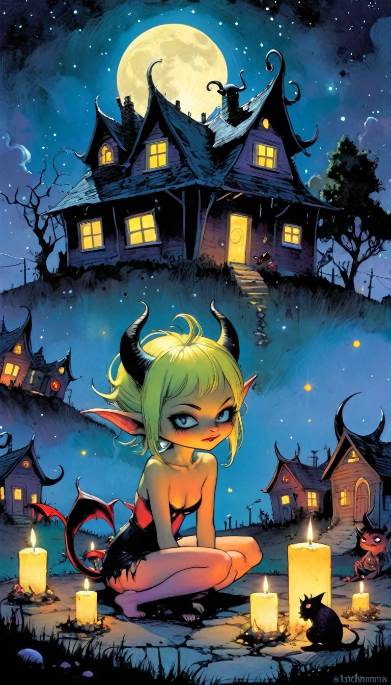 very sexy demon girl, does a ritual with candles at night, surrounded by mini demons, eroticism, sex sex sex, village of funny little demons, impressive landscape, funny little demons, magical, fantastic, night sky, moon, stars, cute , adorable, background (demon houses (art inspired by Skottie Young and Bill Sienkiewicz).