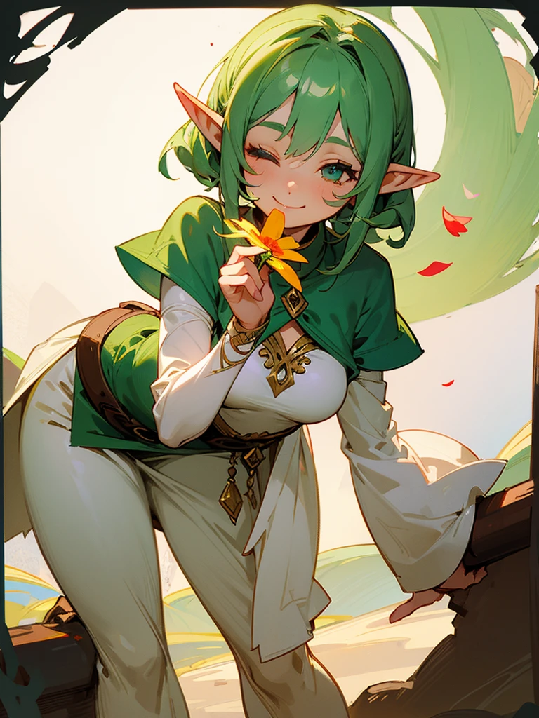 A sweet elf girl, holding a flower in her hand, smiles with her one eye closed, slightly bent over, towards the camera, looks like she's saying thank you