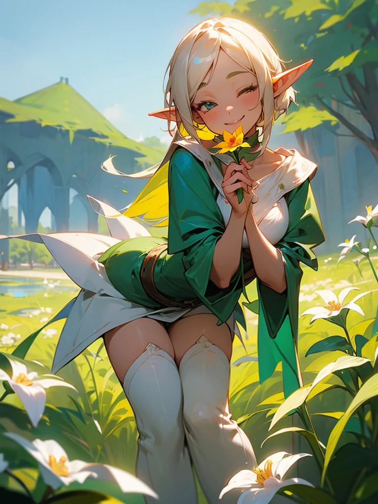 A sweet elf girl, holding a flower in her hand, smiles with her one eye closed, slightly bent over, towards the camera, looks like she's saying thank you