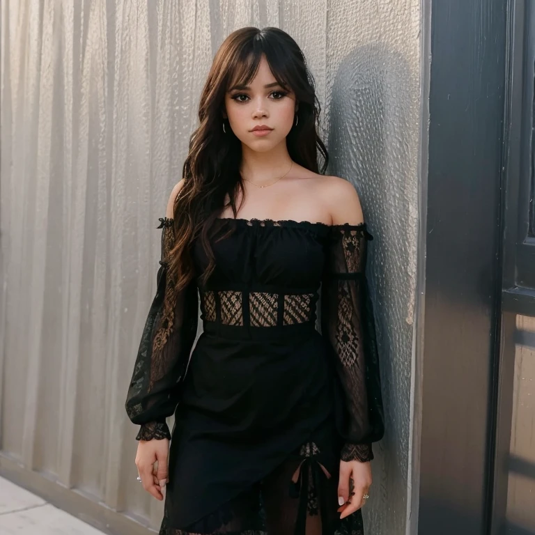 jenna_ortega wearing black lacy off shoulder dress, long hair, eyeliner, 
upper body, solid wall background, 
 