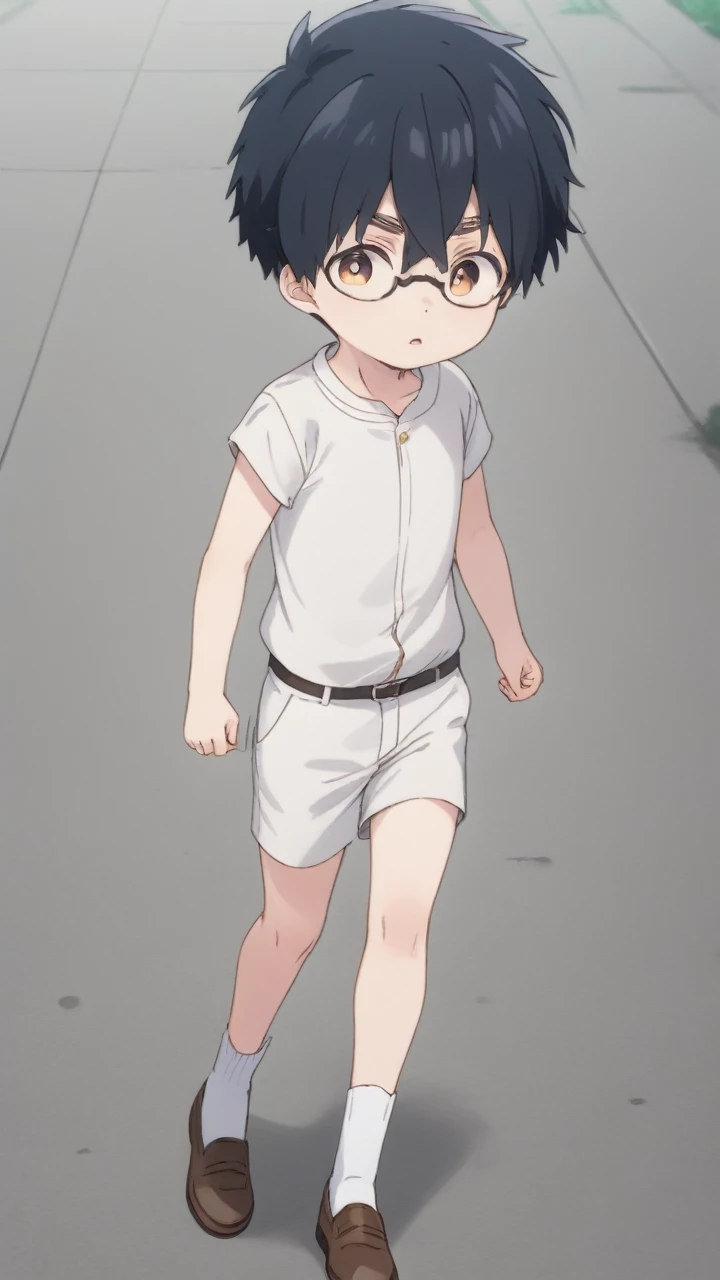 (masterpiece), best quality, expressive eyes, perfect face, 1boy, -old boy,panese male look, tall skinny slim body, black hair, short hair, glasses, white collar shirt short sleeve, white short pants, black school belt, white long socks, brown loafers, target is locked, naughty, frowned, angry, crazy, running, as fighter boy, punching with clenched hand, bare hand, fights poses, sweated body, at city street, close full body shots,