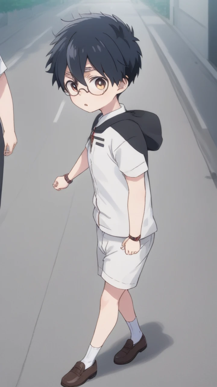 (masterpiece), best quality, expressive eyes, perfect face, 1boy, -old boy,panese male look, tall skinny slim body, black hair, short hair, glasses, white collar shirt short sleeve, white short pants, black school belt, white long socks, brown loafers, target is locked, naughty, frowned, angry, crazy, running, as fighter boy, punching with clenched hand, bare hand, fights poses, sweated body, at city street, close full body shots,