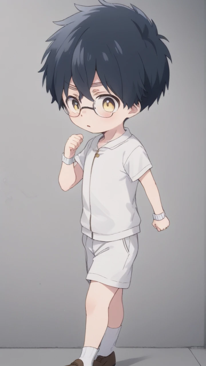 (masterpiece), best quality, expressive eyes, perfect face, 1boy, 13 years-old boy, Japanese male look, tall skinny slim body, black hair, short hair, glasses, white collar shirt short sleeve, white short pants, black school belt, white long socks, brown loafers, target is locked, naughty, frowned, angry, crazy, running, as fighter boy, punching with clenched hand, bare hand, fights poses, sweated body, at city street, close full body shots,