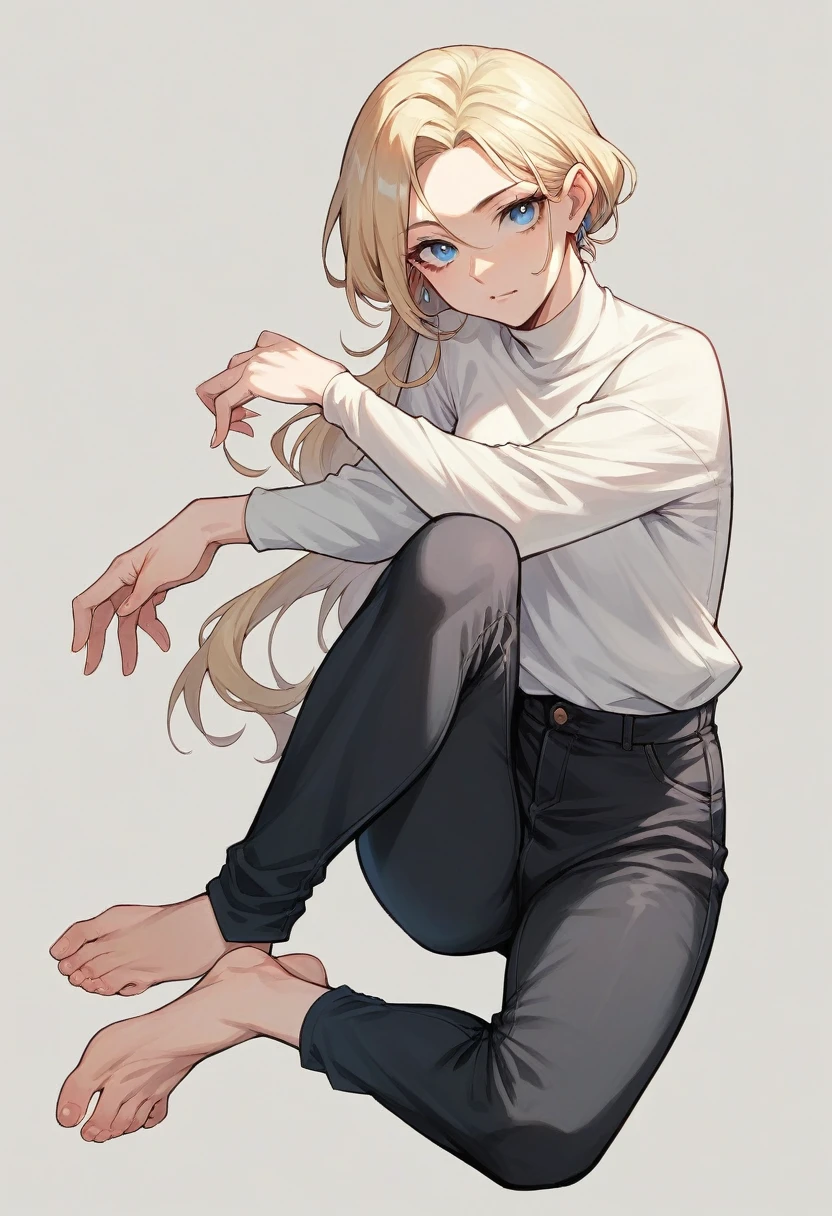 make a realistic 12 year old blonde with blue eyes extremely beautiful in black pants and barefoot