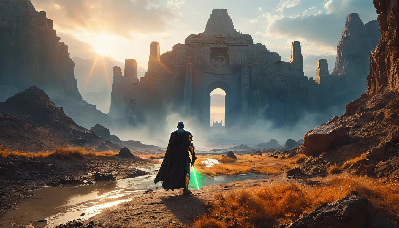 View a vast desert landscape bathed in golden twilight, evoking the iconic Star Wars look. No centro da cena, a Jedi in a flowing cape stands silhouetted against the orange sky, your glowing blue lightsaber in your hand, pronto para enfrentar qualquer desafio. The ruins of an ancient civilization rise majestically in the background, and the remains of a fallen AT-AT adorn the landscape. The atmosphere is charged with expectation, as if an epic battle was about to begin.hyper realistic composition,32k resolution,cinematic composition,cinematic color grading.photography whit Phaseone 85mm,depth of field.