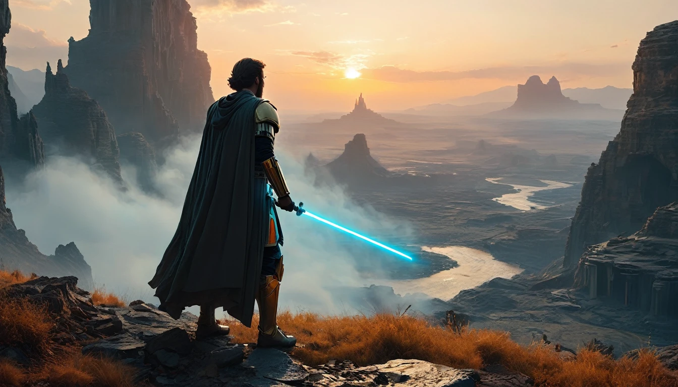View a vast desert landscape bathed in golden twilight, evoking the iconic Star Wars look. No centro da cena, a Jedi in a flowing cape stands silhouetted against the orange sky, your glowing blue lightsaber in your hand, pronto para enfrentar qualquer desafio. The ruins of an ancient civilization rise majestically in the background, and the remains of a fallen AT-AT adorn the landscape. The atmosphere is charged with expectation, as if an epic battle was about to begin.hyper realistic composition,32k resolution,cinematic composition,cinematic color grading.photography whit Phaseone 85mm,depth of field.