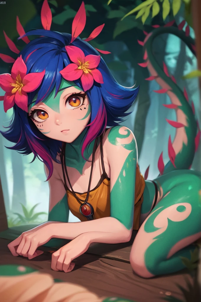 masterpiece,(best quality,top quality,8k),ultra detailed,illustration,painting,detailed eyes and face,anime style,(1girl),neeko, multicolored hair, colored skin,(short hair), facial mark, forehead mark, hair ornament, hair flower, necklace, brown crop top, Lizard tail,sleeping,(looking at viewer),(puffy eyes) ,good contrast , high sharpness,(gorgeous),RAW Photography,(hyperdetailed),jungle,forest,river