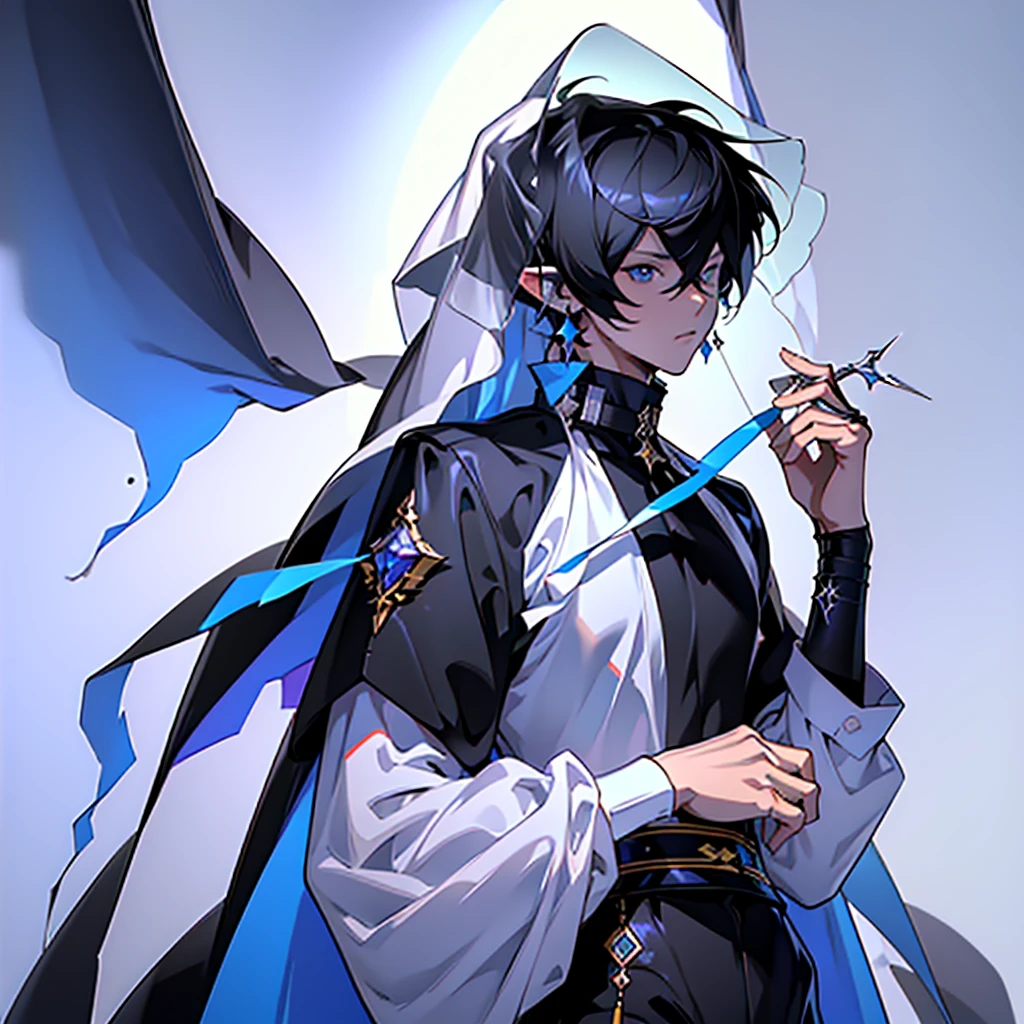 ((top-quality)), ((masterpiece)), ((ultra-detailliert)),(8k wallpaper:1.2),(Ultra-high resolution:1.2),(masterpiece:1.1),wallpaper,High quality,(High detail),(absurdres, highres, ultra detailed),( best quality:1.2),Anime boyBLACK AND WHITE PALLETE, black boy, alien clothes, Slim and tall, character design, a man, dark style, Black hair with white forbitem, Crystal gem boy, punk, black clothes with a white star, item guitar, cape, emperor of Gem empire, holding a kopesh, character design of Steven Universe oc, character design for a game,bushy short hair, absolutely stunning art,white background, simple background, extremely detailed, highest quality digital art, highest resolution, HD quality, wallpaper 8k