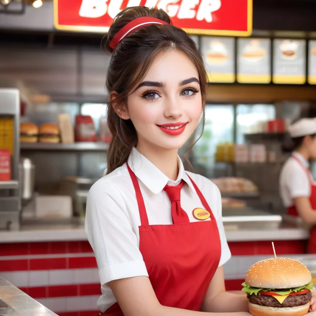 A young and beautiful female cashier in a burger shop uniform, detailed facial features, beautiful detailed eyes, beautiful detailed lips, extremely detailed face, long eyelashes, warm smile, standing behind a counter, wearing a red and white burger shop uniform, name tag on her shirt, burger shop decor in the background, (best quality, 4k, 8k, highres, masterpiece:1.2), ultra-detailed, (realistic, photorealistic, photo-realistic:1.37), vibrant colors, natural lighting, cinematic composition, clean sharp focus
